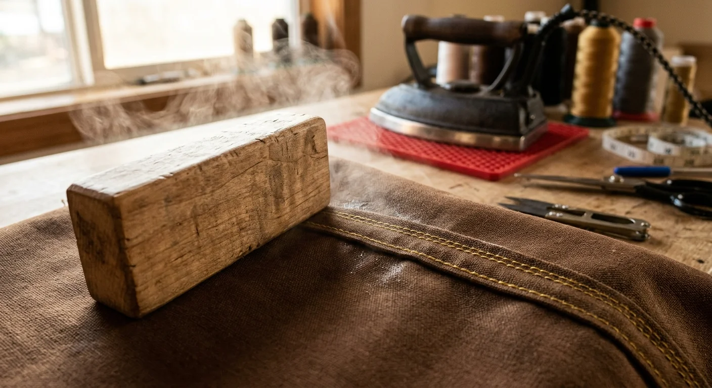 Wooden tailor's clapper resting on steaming brown canvas near a stitched seam, with an antique iron behind it.