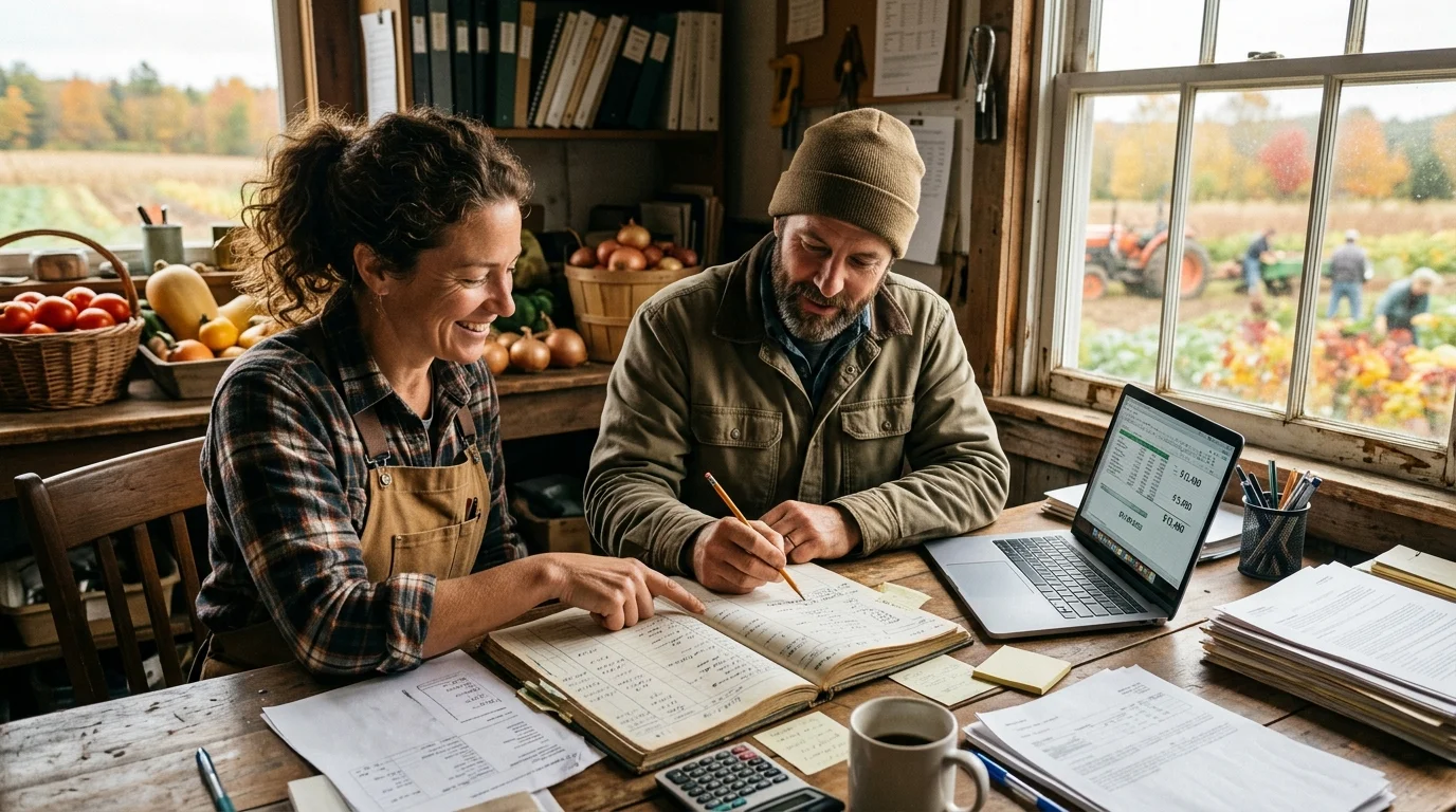 A man and woman sit at a rustic desk review ledgers and a laptop inside a farm office with produce.